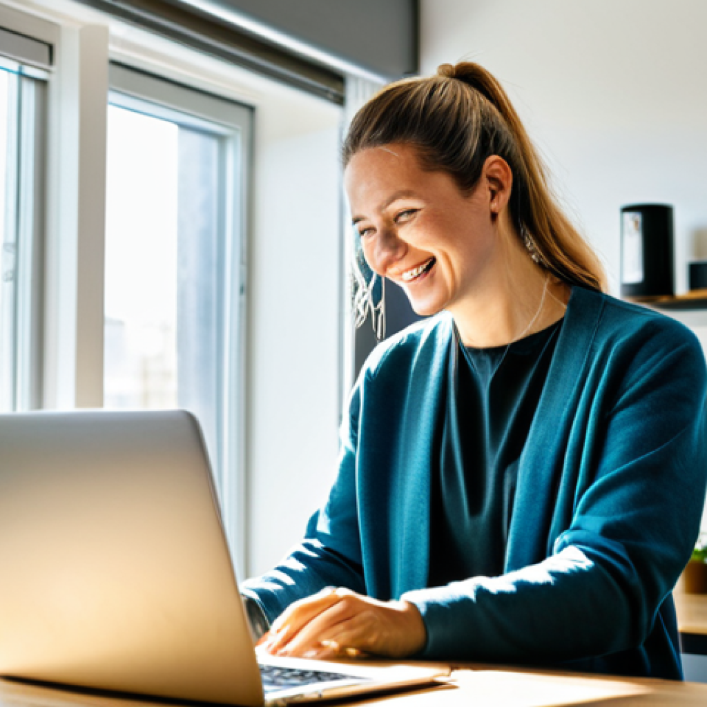업무 중 디지털 번아웃 예방 전략 - **Subject:** A smiling woman wearing comfortable clothes, watering a small plant on her tidy desk in...