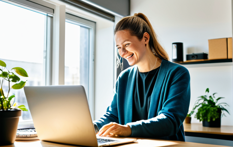 업무 중 디지털 번아웃 예방 전략 - **Subject:** A smiling woman wearing comfortable clothes, watering a small plant on her tidy desk in...