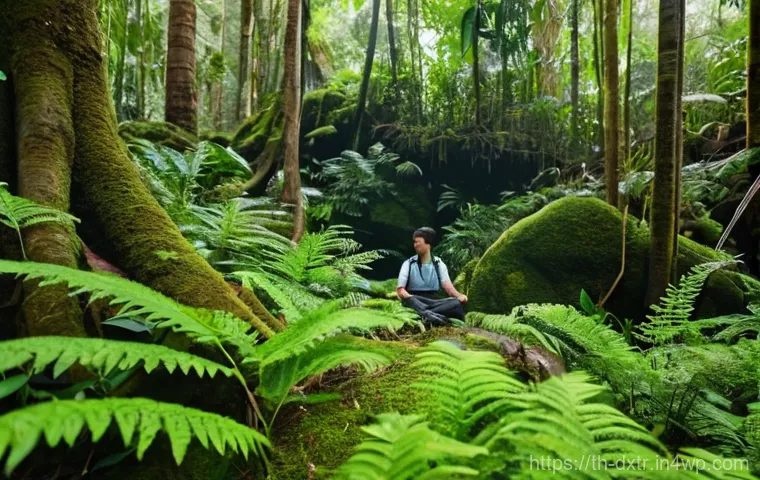 디지털 휴식을 위한 최적의 장소 - **Forest Immersion & Digital Detox:**
    "A serene and peaceful scene featuring a person in their l...