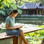 디지털 기기에서의 휴식이 중요한 이유 - **Prompt:** A young woman, early 30s, with a serene expression, is sitting comfortably on a wooden b...