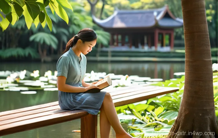 디지털 기기에서의 휴식이 중요한 이유 - **Prompt:** A young woman, early 30s, with a serene expression, is sitting comfortably on a wooden b...