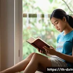정신적 휴식을 위한 디지털 기기 사용 줄이기 - **Digital Detox Reading Nook:** A serene and cozy indoor scene in a modern Thai home. A young adult ...
