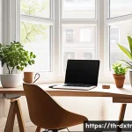 효율적인 업무 환경 조성을 통한 디지털 번아웃 예방 - A serene home office corner with ample natural sunlight streaming through a large window, featuring ...