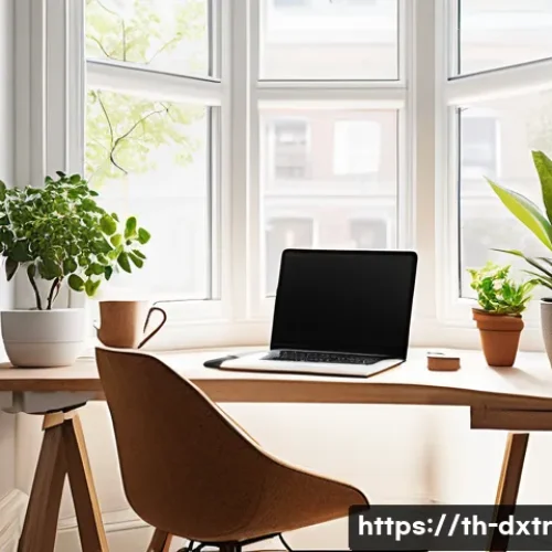 효율적인 업무 환경 조성을 통한 디지털 번아웃 예방 - A serene home office corner with ample natural sunlight streaming through a large window, featuring ...