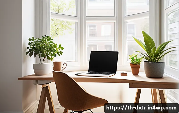 효율적인 업무 환경 조성을 통한 디지털 번아웃 예방 - A serene home office corner with ample natural sunlight streaming through a large window, featuring ...