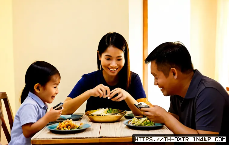 Home 17 디지털 번아웃 예방을 위한 가족과의 시간 보내기 - Photorealistic Thai family enjoying a device-free dinner together in a warm Bangkok home, parents an...